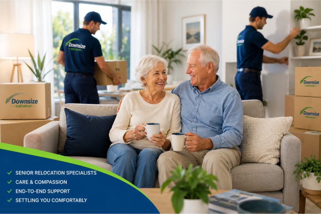 Happy senior couple settling into their new home with professional relocation support